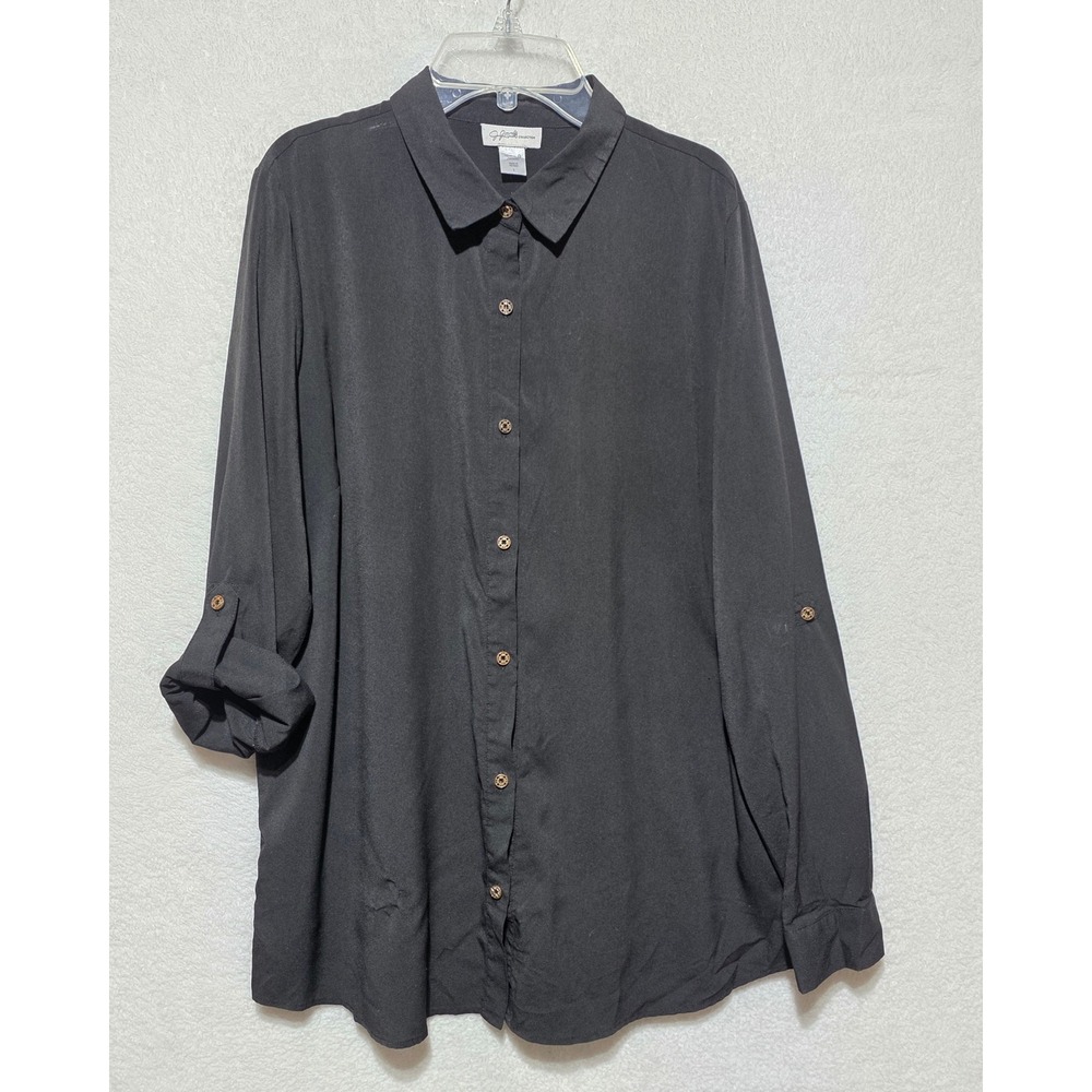 Jaclyn Smith Collection Black Long Sleeve Button Up Shirt Roll Tab Sleeve Size L